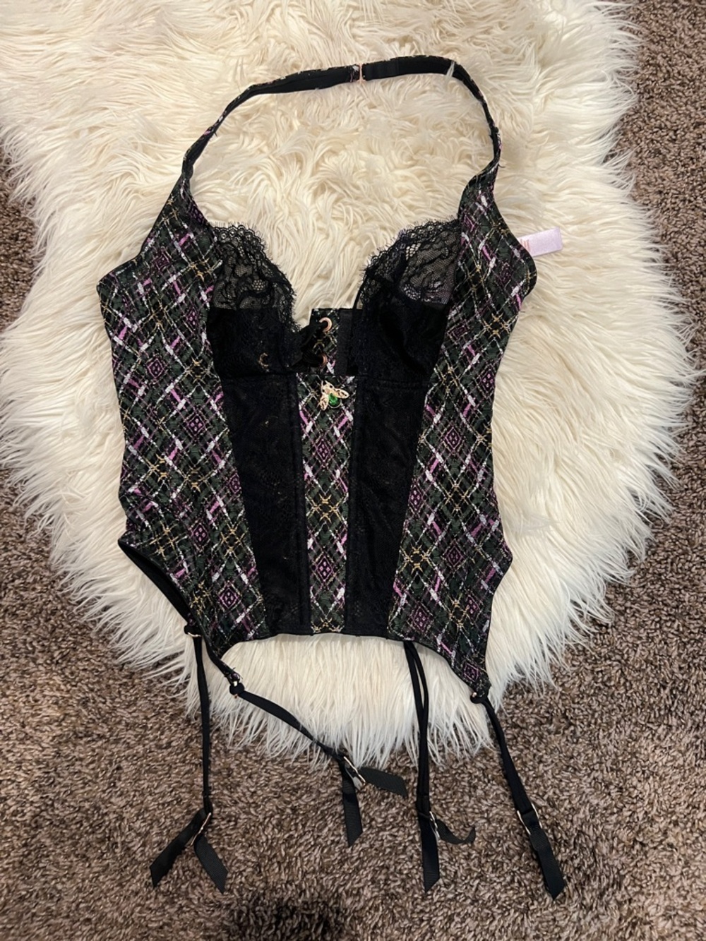 Savage X Fenty Black Corset Top with Pink and Green Plaid